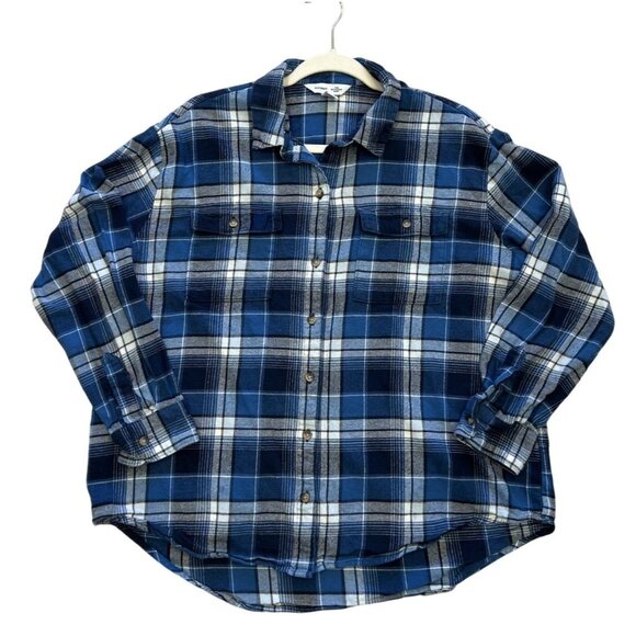 Old Navy Tops - Old Navy The Boyfriend Shirt Blue Plaid Long Sleeve Button-Up Womens Size L